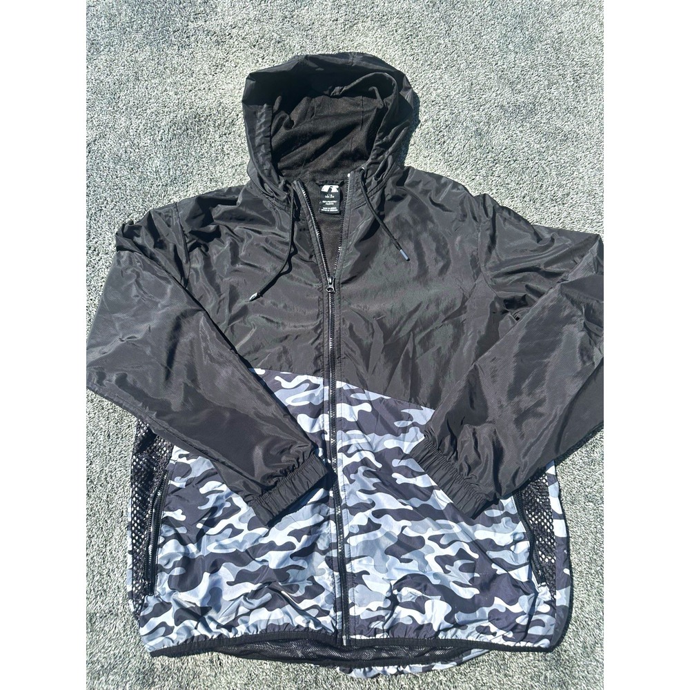 Russell Athletic Windbreaker Jacket Mens Large Black Gray Camo Hooded Y2K